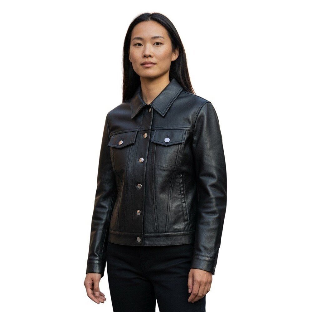 AMIRI Womens black real leather trucker jacket size 40 small silver buttons